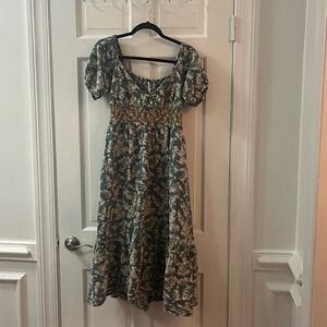 Free People Printed Ellie Maxi Dress Green Floral Smocked Peasant Small
